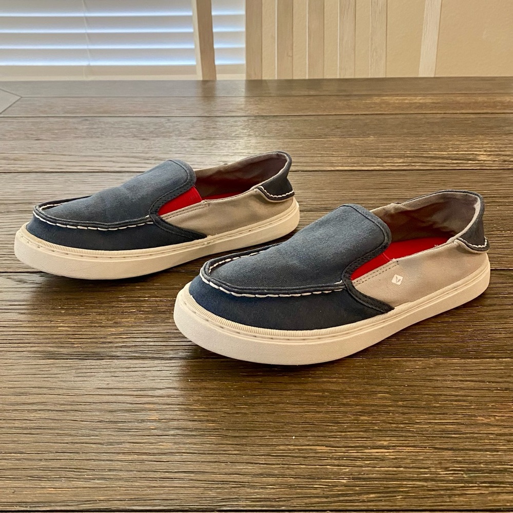 Sperry Boys Top Sider Shoes 3 Blue Gray Salty Washable Kids Slip On Sneakers EUC
